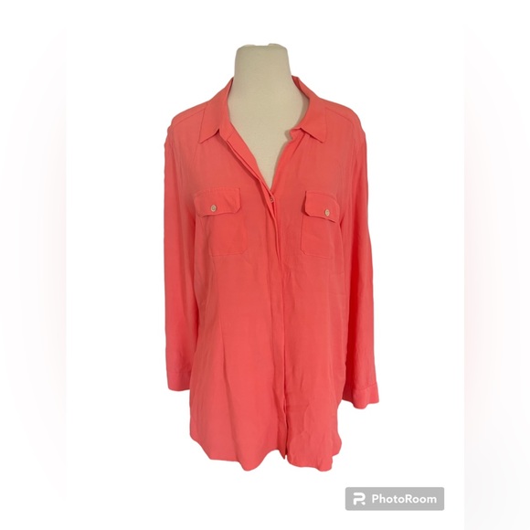 J. Jill Coral Color Button Down Tunic Top Size L Petite Rayon - Picture 1 of 12